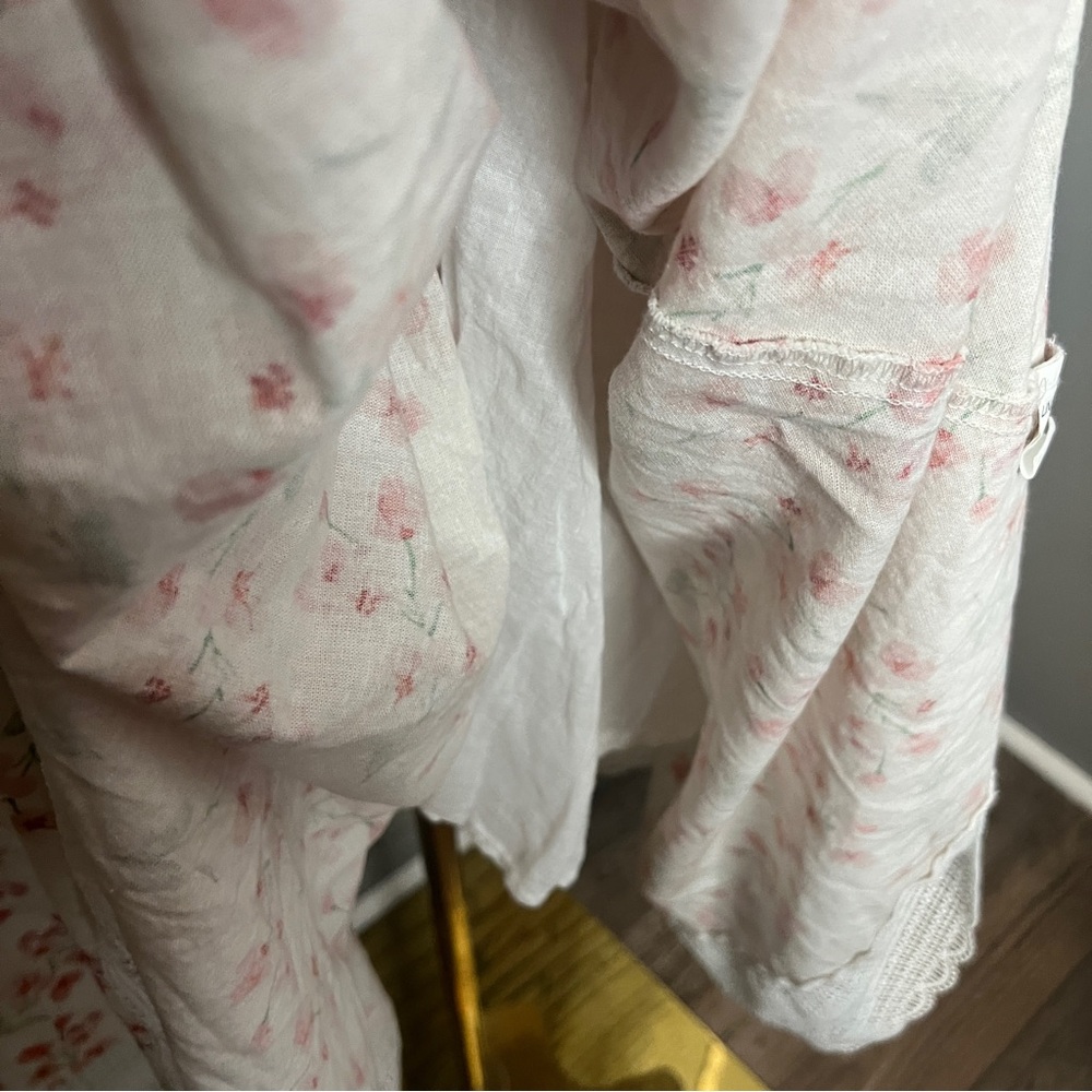 Linen Vibes Floral Tie-Waist Maxi Dress in Cream and Coral Lace Hem Size XS - Picture 11 of 13